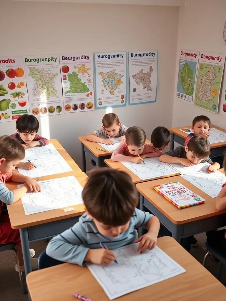 A classroom setting where children are engaged in an educational activity, coloring maps of Burgundy and identifying local food products, with educational posters on the walls.