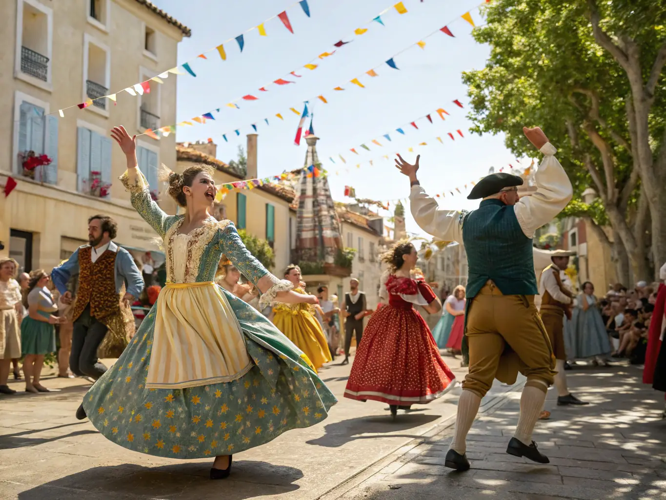 A captivating image of a cultural event in Burgundy, featuring traditional music, dance, and local food stalls. The atmosphere is festive and engaging, with people of all ages participating.
