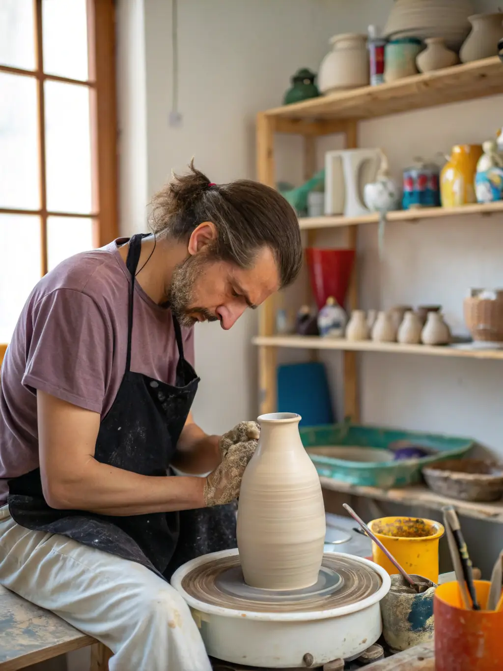 A detailed image of a skilled artisan demonstrating pottery making, with colorful ceramic plates and bowls inspired by Burgundy motifs displayed on shelves in the background.