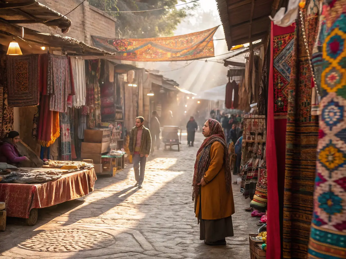 A photograph showcasing local artisans displaying their handcrafted products at a regional market. The scene is lively, with people interacting and appreciating the craftsmanship.