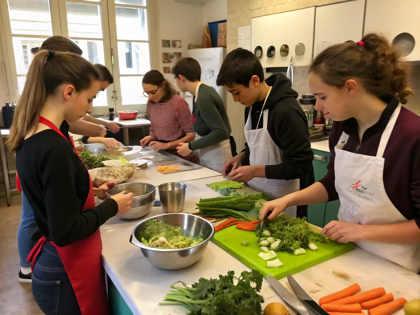 A vibrant image of participants actively engaged in a culinary arts workshop, learning to prepare a traditional Burgundy dish under the guidance of a local chef. The setting is a rustic kitchen, filled with fresh, local ingredients.