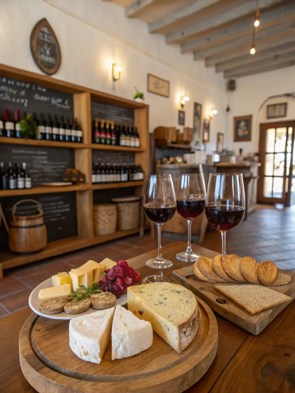 A lively scene of a guided tasting session, with guests sampling local cheeses, wines, and breads, set in a warmly lit room decorated with regional art and historical artifacts.